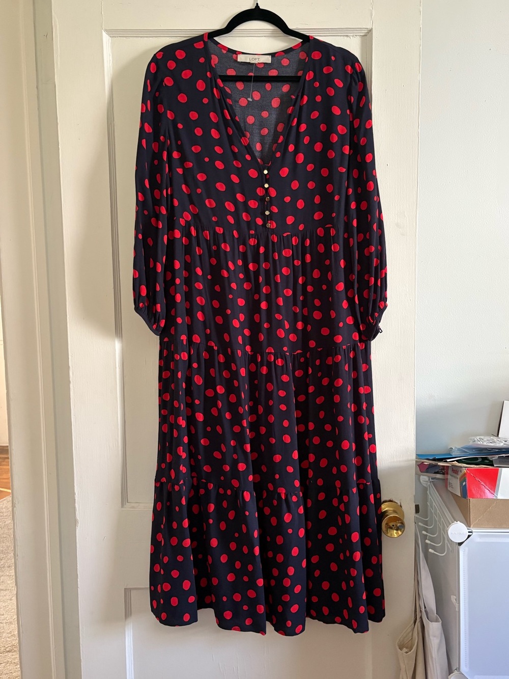 LOFT Black and Red Polka Dot Tiered Midi Dress